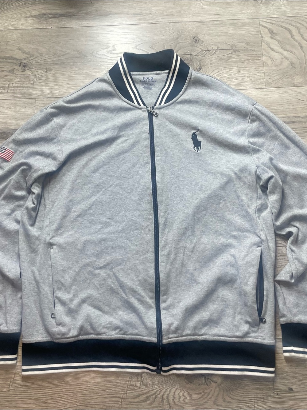 Polo by Ralph Lauren Light Gray Full-Zip Sweater with Navy Trim
